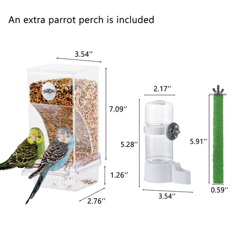 Straight Up No Drama Automatic Bird Cage Feeders And Waterers With Sturdy Perch Top Shelf, showing parrot perch, acrylic feeder, and water bottle.