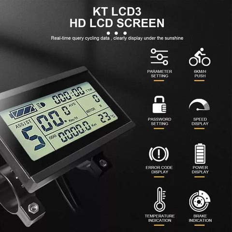 LCD Display Meter KT LCD3U All In One With USB Interface And Waterproof Plug showing speed, power, temperature, and brake status