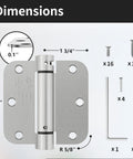 Quick Install Self Closing Door Hinges 3.5 Inch Spring Loaded Hardware with dimensions and included screws and tools.