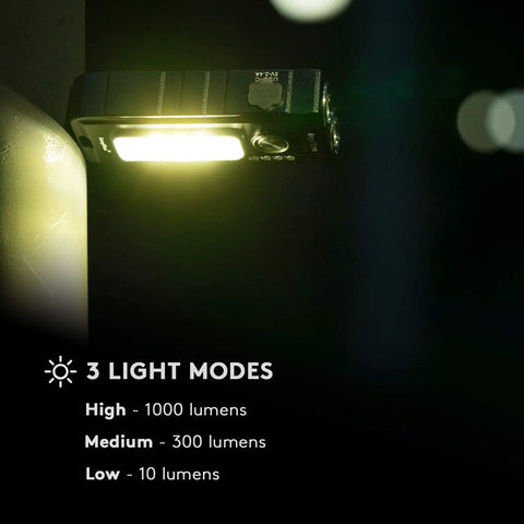 1000 Lumen Rechargeable LED Flashlight With Red Blue Front Light And White Side Light IPX7 Water Resistant Pocket Size Aluminum Torch showing light modes