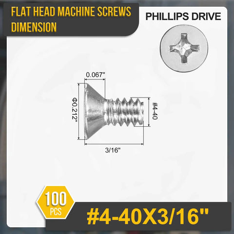 Flat Head Machine Screws 4 By 40 Thread Pitch 3 By 16 Inch 100 Pack 304 Stainless Steel Phillips Countersunk dimensions diagram