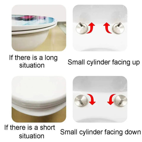 Elongated Toilet Seat With Super Smooth Slow Close Lid, heavy duty chrome hinges showing installation instructions for different situations.