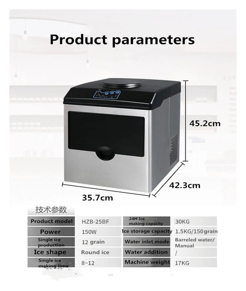 Plug And Play Countertop Ice Maker Delivers Quick Freeze Bullet Cubes With Thirty Kilos Daily Output And Solid Storage, 45.2cm height.