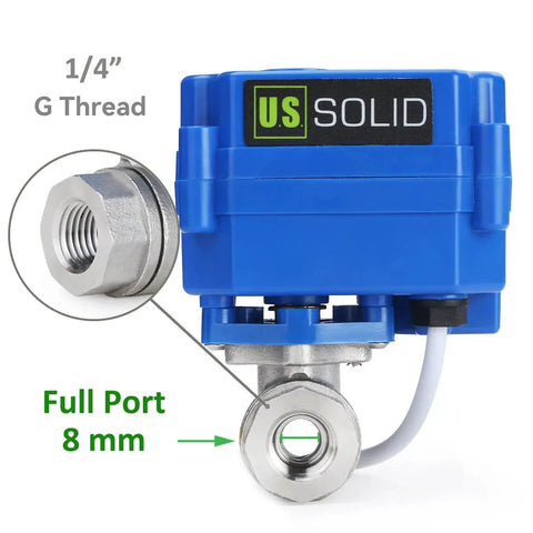 Motorized Ball Valve Quarter Inch Full Port NSF Certified 304 Stainless Steel Drinking Water Safe Auto Return With 9 To 24 Volt AC DC And Two Wire Setup, close-up view showing 1/4 inch G thread