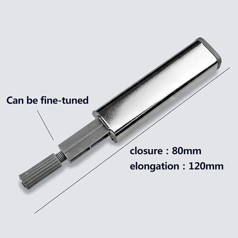 Push To Open Magnetic Cabinet Latch Set 2 Pack Door Catch showing fine-tuning feature with 80mm closure and 120mm elongation.