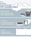 Infographic showing how to clean outdoor cushions with steps using a sponge, warm soapy water, and air drying.