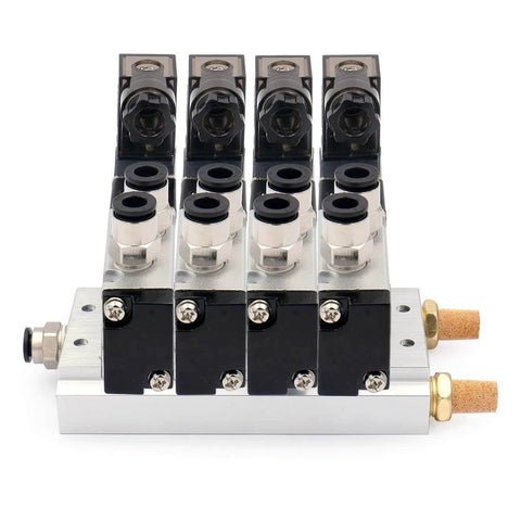 Go-To Industrial Pneumatic Solenoid Valve 4V110-06 DC 24V, 2 Position 5 Way With Base Muffler, view of valve array