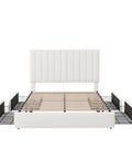 Hella Spacious Full Size Storage Bed Frame With Super Plush Velvet Upholstery And Adjustable Tufted Headboard Plus Four Massive Rolling Drawers For Zero Box Spring Hassle In Crisp White showing slatted base and rolling drawers.