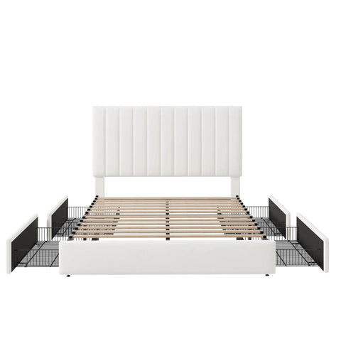 Hella Spacious Full Size Storage Bed Frame With Super Plush Velvet Upholstery And Adjustable Tufted Headboard Plus Four Massive Rolling Drawers For Zero Box Spring Hassle In Crisp White showing slatted base and rolling drawers.