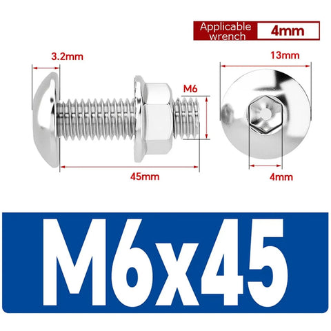 Heavy Duty M6 Hex Socket Screws With Oversized Flat Head Countersunk Design And Matching Flange Nuts Kit, Stainless Steel 304, M6x45