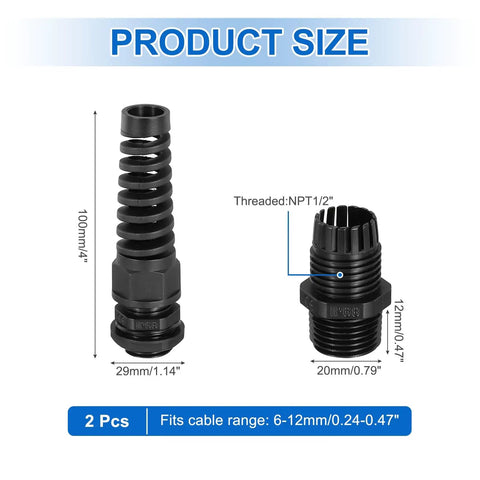 2 Pcs NPT1/2 Cable Glands Pro Grade Adjustable 6-12mm PA66 Nylon IP68 Waterproof Connectors With Dual Seals Anti-Corrosion