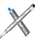 Heavy Duty Steel Drawer Slides With Secure Lock, Side Mount Ball Bearing Runners For Toolboxes And Rv Bins, Adjustable Locking Slide Out Tracks Set Of 2, showing cross-mounted steel tracks with blue locking pins.