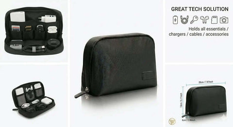 Road Ready Everyday Carry Tech Organizer Bag For Cable Cords And Charger Gear Hard Shell Case showing cables and chargers inside.