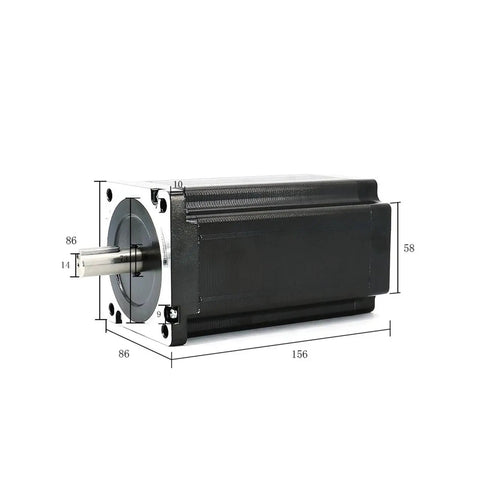 Thinking Process: 86mm Nema 34 stepper motor with 14mm shaft and dimensions, black metal body for automation