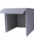 Kickass Desktop Acoustic Soundproof Booth With Thick Foam And Felt Panels For Vocal Recording Podcasts Streams Home Studio Kill Echo Foldable Mic Enclosure in gray, open from the front.
