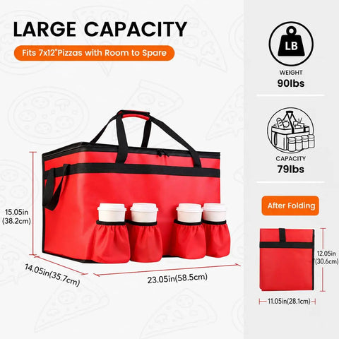 Insulated Food Delivery Bag With Four Cup Holders XXXL Large Commercial Grade Cooler Bag Keeps Food Hot Or Cold 79L Red