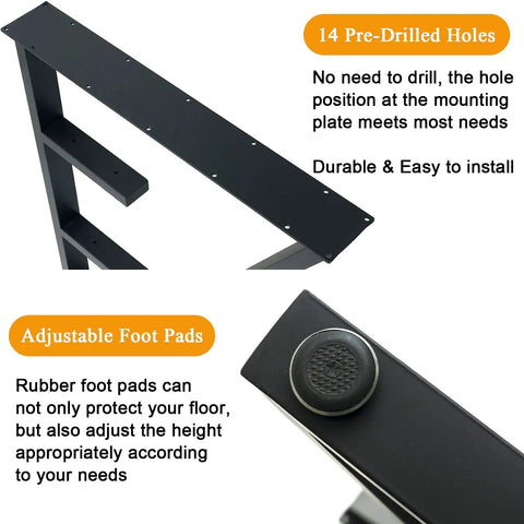 3-Tier Metal Table Legs Set Of 2, Beefy Black Steel Desk And Dining Table Legs, close-up of pre-drilled holes and foot pads
