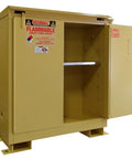 Heavy-Duty All-Weather Flammable Storage Cabinet With Dual Self-Latching Doors 30 Gallon Capacity showing open yellow cabinet and internal shelf.