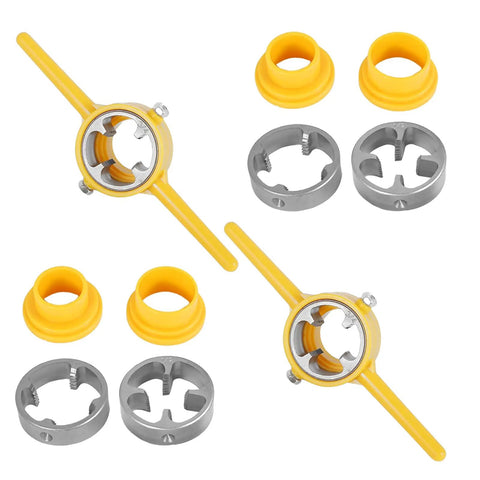 PVC Pipe Thread Maker Tool Kit With 12 Pcs Dies, DIY Ready Manual Pipe Threader Set showing T-handle grip and circular dies.