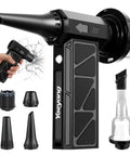 Power Packed Compressed Air Duster With O Shaped Air Duct And 13 Blade Dual Layer Turbo Fan 6 In 1 Cordless Mini Blower Vacuum And Inflator With LED Light Four Speed For Car And Home Use Space Black showing attachments