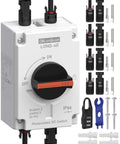 Foolproof Solar Pv Disconnect Switch 32 Amp Dc1500v Rapid Shutoff Isolator with connectors, screws, and lock accessory for safety.