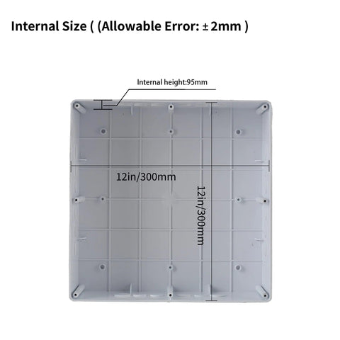 Interior view of the IP65 Waterproof Outdoor Junction Box 12 By 12 By 4 Inches, Heavy Duty PVC Electrical Enclosure, showing dimensions.