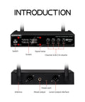 Front and back view of VM304 VHF Wireless Microphone System with controls and XLR outputs for home karaoke, weddings, conferences.