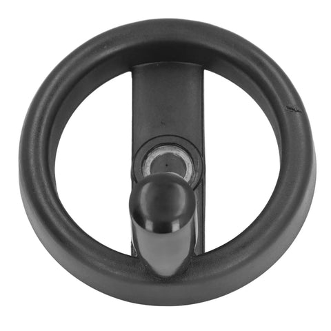 Top view of 3.9 Inch Two Spoke Hand Wheel With Folding Revolving Handle For Milling Machines And Lathes Black Finish 12mm Center Bore