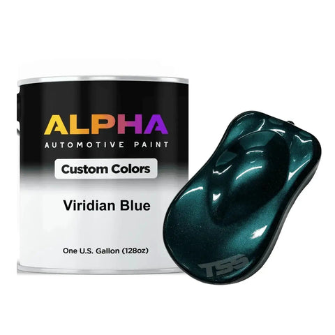 Hella Smooth Vibrant Blue Automotive Base Coating Paint Gallon Kit Includes Fast Blend Medium Reducer Added For Ready To Spray Professional Grade Custom Repair Projects, showing gallon can of Viridian Blue automotive paint.