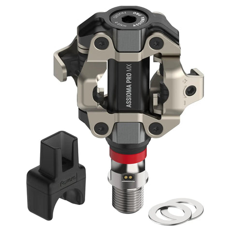 Assioma PRO MX UP Bike Cycling Power Meter Pedals Bundle With Wearable4U Power Bank Plug And Play Upgrade From MX 1 To MX 2 Right Pedal Sensor Charger And Manual Included shown with pedal, sensor, and washers.