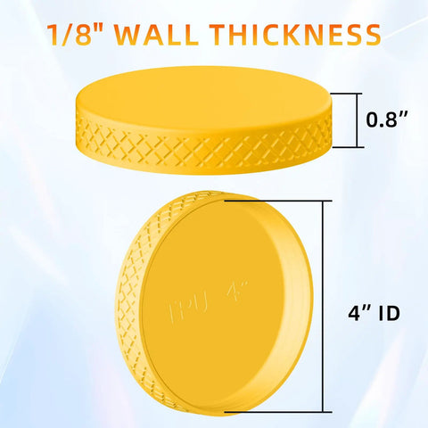 4 Inch Tpu Dust Collection End Cap With Dual Seal Ring For Airtight Vacuum Performance, yellow TPU cap showing dimensions and 1/8" wall thickness.