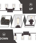 Set of 4 Oil Rubbed Bronze Wall Sconces with Clear Glass Cylinders, up and down installation options shown