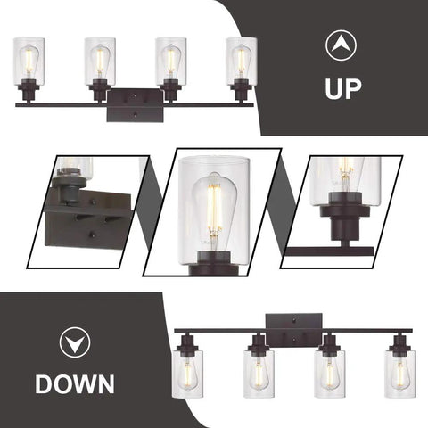Set of 4 Oil Rubbed Bronze Wall Sconces with Clear Glass Cylinders, up and down installation options shown