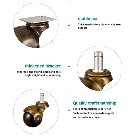 Solid Brass Ball Caster Wheels With Tight Locking Brake Four Pack Heavy Duty Polyurethane Rubber Treads showing thickened bracket and durable plate.