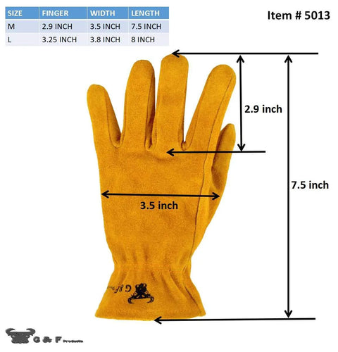 Durable Synthetic Leather Kids Garden Gloves For 7 To 9 Year Olds showing dimensions and adjustable cuff, size medium.