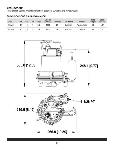 Diagram of One Third HP Cast Iron Sump Pump with specifications and dimensions, featuring beefy non clogging vortex impeller.