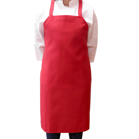 Person wearing Bulk Pack Bib Aprons For Restaurant Pros, 12 Pack, Long Oversized Unisex Kitchen Aprons, Red, Spun Polyester