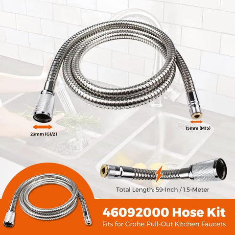 46092000 Pull Out Spray Hose For Kitchen Faucets 59 Inch Chrome Replacement, fits Grohe Alira Ladylux Eurodisc, 23mm 15mm connectors