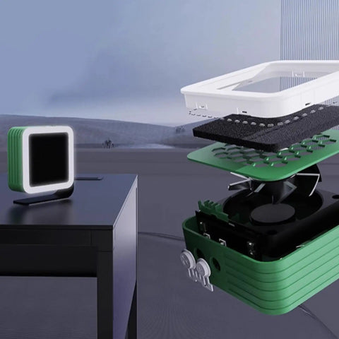 Compact Rechargeable Solder Fume Extractor And Mini Solder Fan With Bright Led Spotlight Hella Smooth Operation For Phone Circuit Fixes No Sweat Portable Smoke Absorber components displayed on a desk.