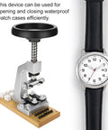 Pro Grade Watch Case Opener Kit For Bench Top With Six Notches And Adapter, 5700 Back Opener, shown next to a watch for illustration.