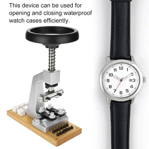 Pro Grade Watch Case Opener Kit For Bench Top With Six Notches And Adapter, 5700 Back Opener, shown next to a watch for illustration.