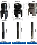 Versatile 3 Piece PVC Pipe Threader Set For Internal And External Threading For 1/2 Inch 3/4 Inch And 1 Inch Pipes With Hex Shank Quick Change Heavy Duty Carbon Steel Construction Fits Electric Drills DIY Pro Grade Pipe Threading Tools shown with dimensions and components