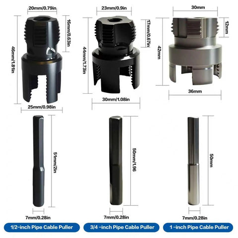 Versatile 3 Piece PVC Pipe Threader Set For Internal And External Threading For 1/2 Inch 3/4 Inch And 1 Inch Pipes With Hex Shank Quick Change Heavy Duty Carbon Steel Construction Fits Electric Drills DIY Pro Grade Pipe Threading Tools shown with dimensions and components