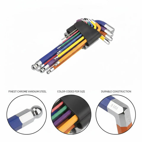 Top Notch 9 Piece Hex Key Set Crafted From Super Durable Chrome Vanadium Steel Perfect For Fast Assembly Of Knock Down Furniture And Quick Bike Repairs Around The Block, color-coded size set in holder