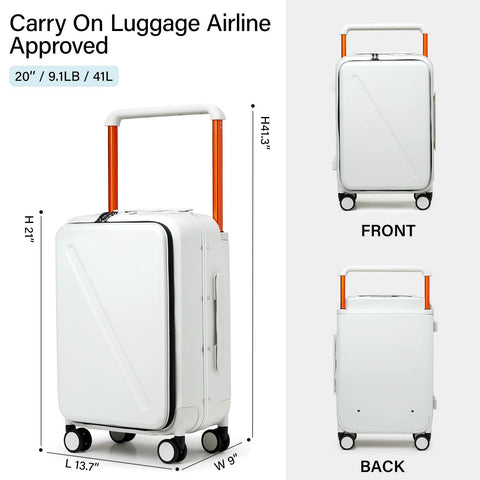 20 Inch Carry On Luggage With Front Pocket And Front Opening Design Aluminum Hardside Spinner Wheels TSA Lock Airline Approved White Travel Case 41 L Capacity