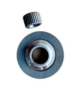 Front view of BN08 motor brake disc with splined center bore and knurled nut; metallic gray
