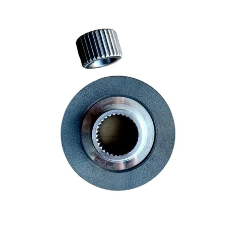 Front view of BN08 motor brake disc with splined center bore and knurled nut; metallic gray