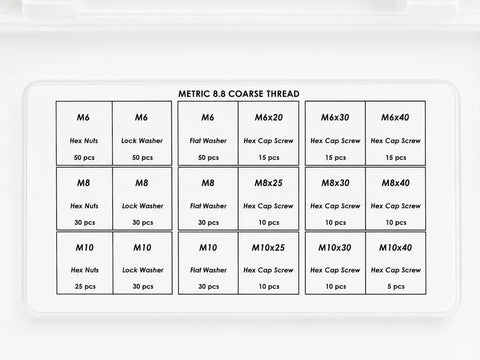 Solid 425-Piece Metric Class 8.8 Hex Bolt Kit With Matching Nuts Washers In M6 M8 And M10 Sizes organized chart of sizes and quantities.