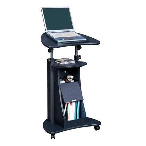Straight Up Solid Rolling Laptop Cart, Height Adjustable Sit Stand Desk with laptop, shelves, and smooth glide casters.