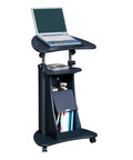 Top Tier Mobile Laptop Stand With Smooth Rolling Casters Height Adjustable Sit Stand Workstation Desk Cart For Home Office featuring a laptop on a sleek black finish.